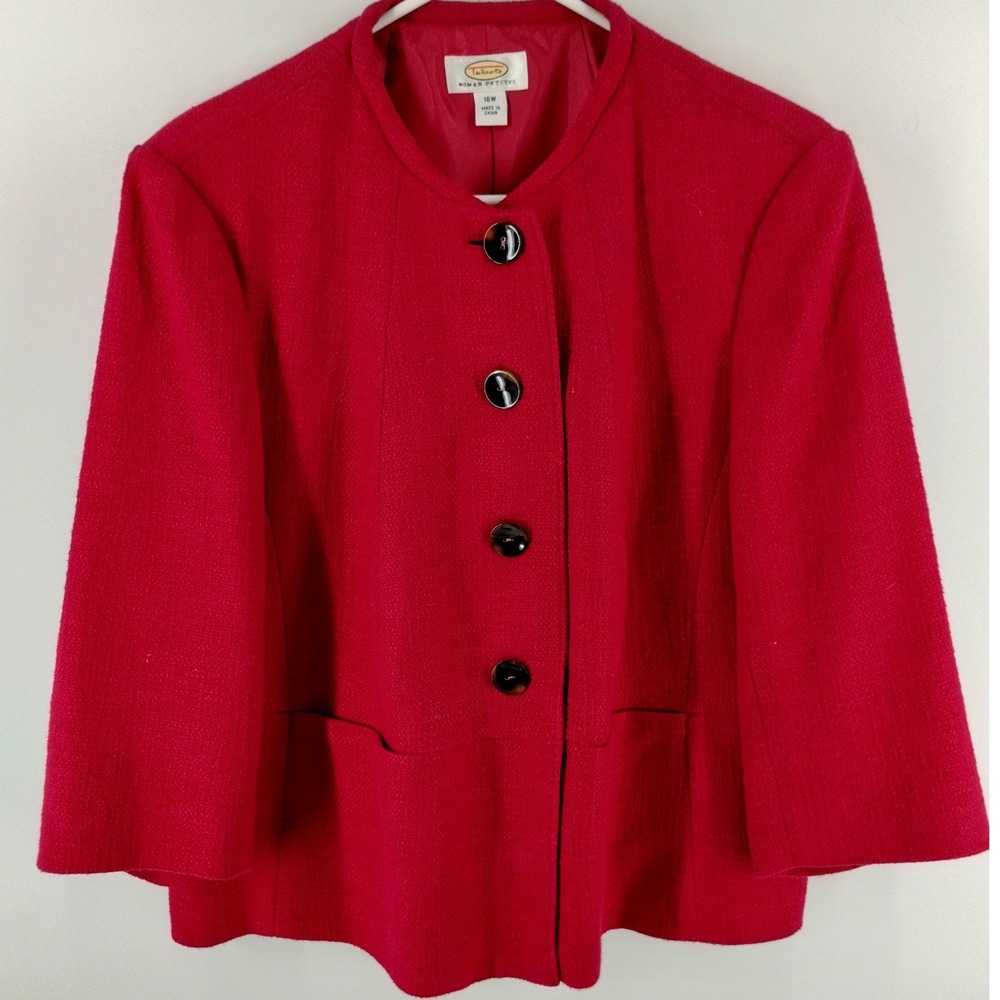 Talbots Woman Petites Red Textured‎ Tweed Button Front Blazer Jacket Size 16W